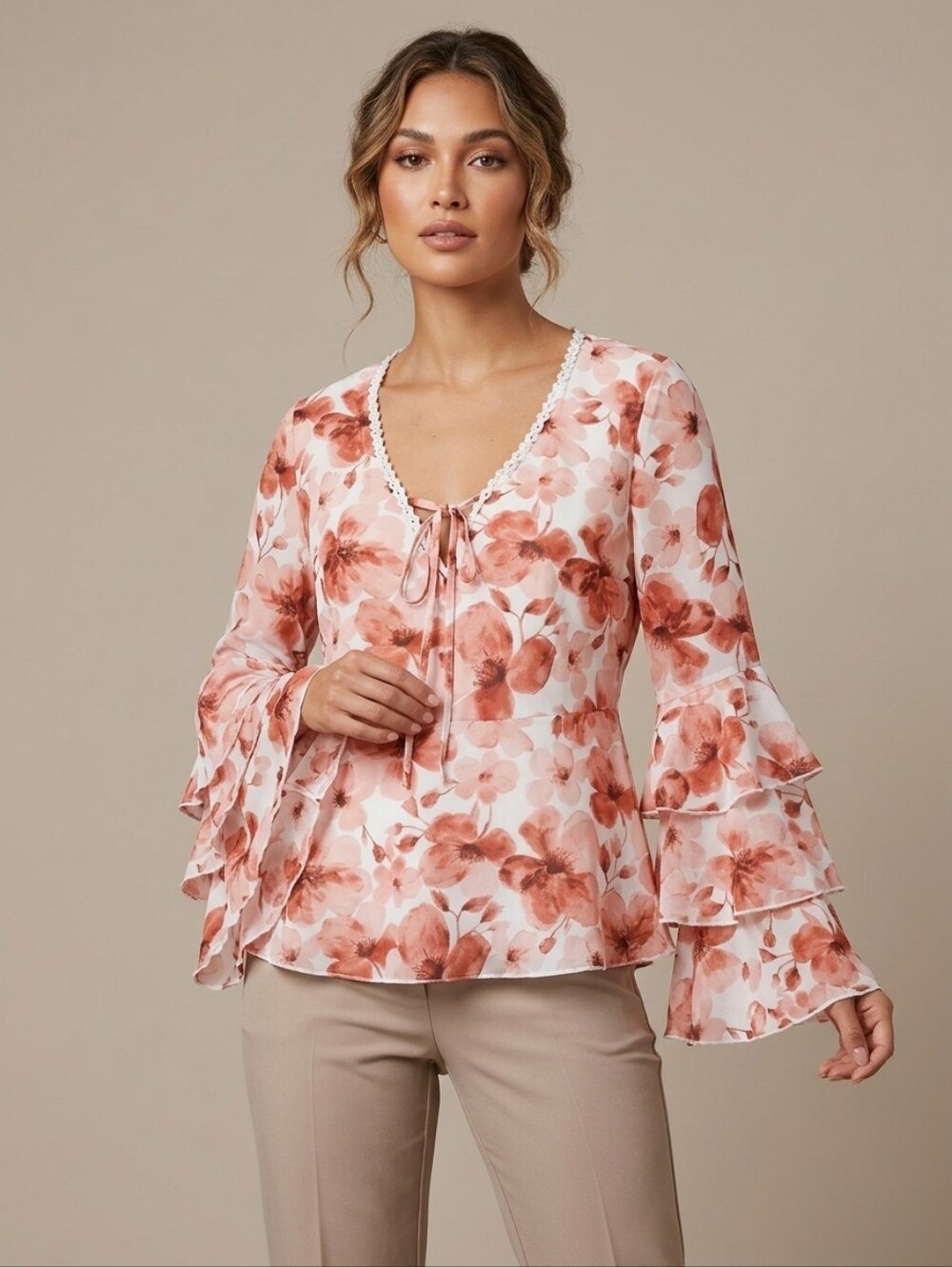 Women's New Floral Tie-Neck Peplum Top - Floral Ruffle Long Sleeves Medium